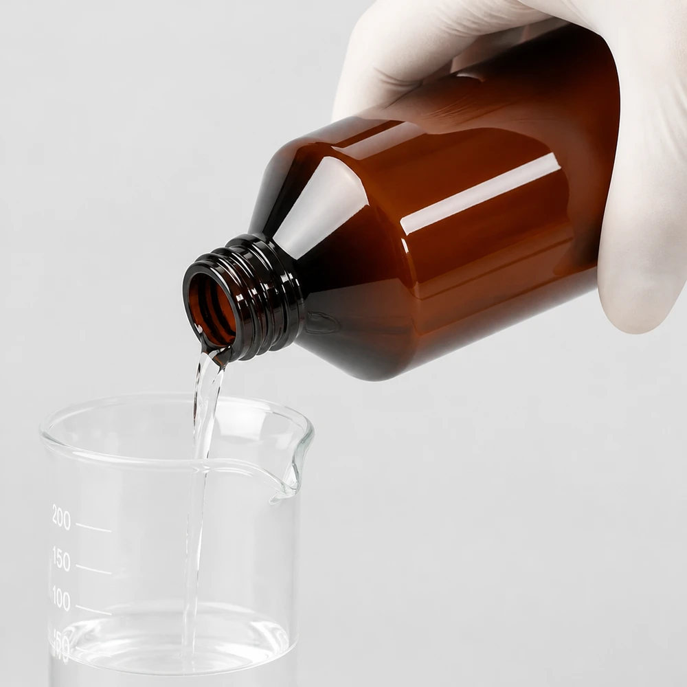 Butelka PET 500ml z zieloną nakrętką OV Przezroczysty płyn przelewa się z brązowej butelki PET o pojemności 500 ml do zlewki, używając rękawiczek laboratoryjnych
