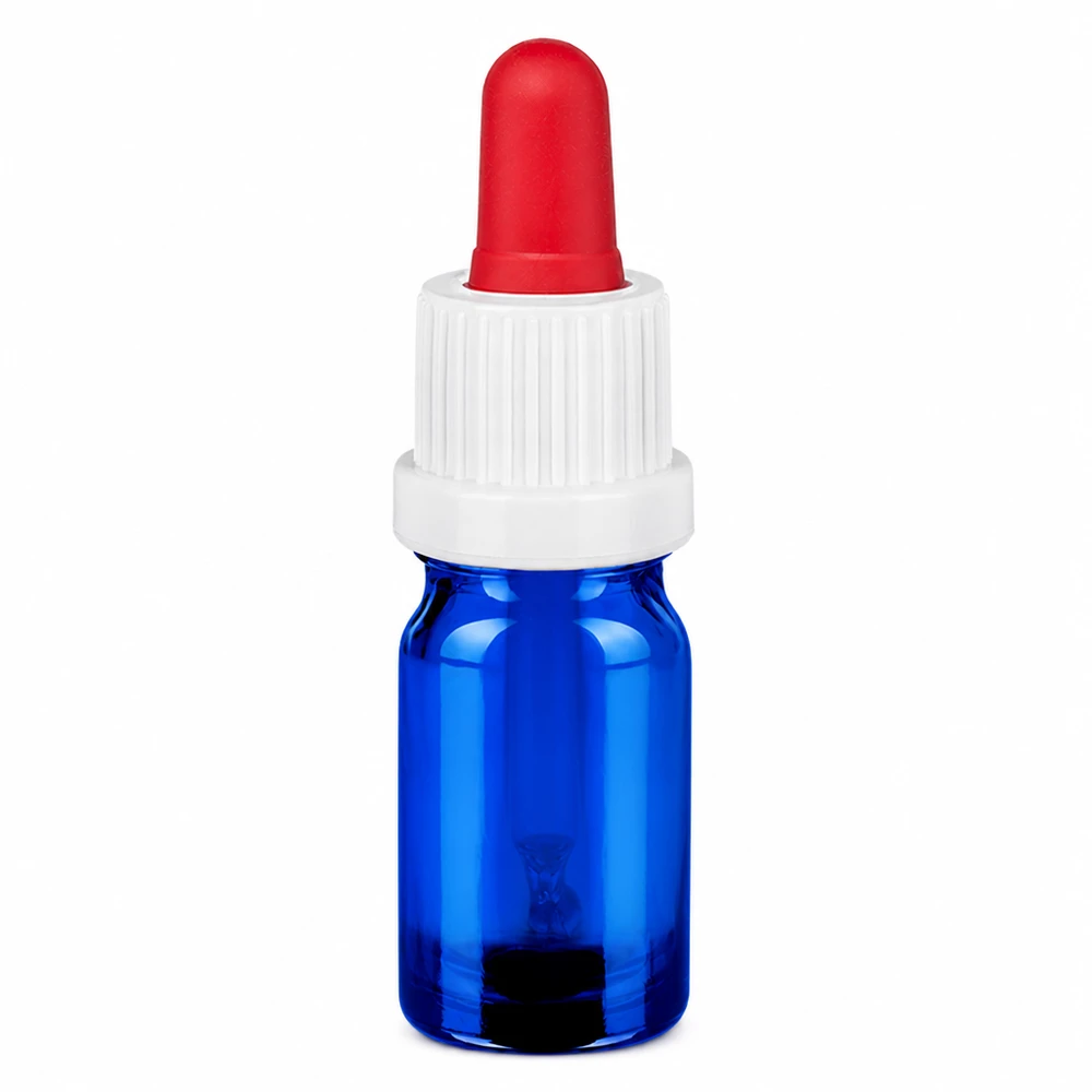 Butelka z pipetą o pojemności 5 ml wykonana z niebieskiego szkła z białą zakrętką i czerwoną nasadką do precyzyjnego dozowania.