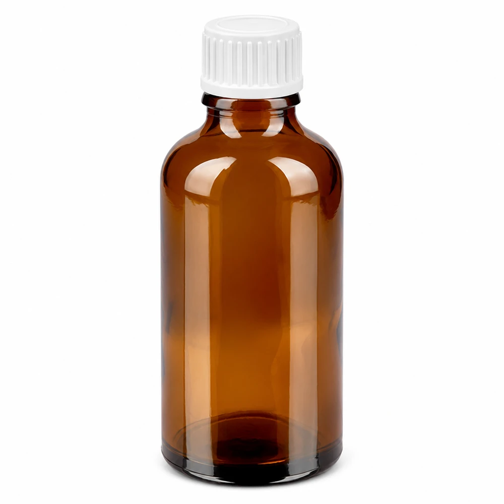 Butelka z zakraplaczem z bursztynowego szkła o pojemności 50 ml z białą zakrętką i wkładką z zakraplaczem 0,9 mm do precyzyjnego dozowania.