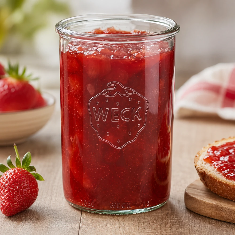 Słoik z szeroką szyjką WECK RR100, 1000 ml Słoik WECK 1000ml RR100 wypełniony dżemem truskawkowym na drewnianym stole ze świeżymi truskawkami i pieczywem