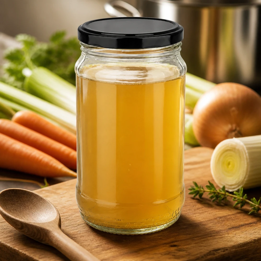 Okrągła szklanka UNiTWIST o pojemności 370 ml z czarną pokrywką BasicSeal, wypełniona złocistożółtym bulionem drobiowym, na drewnianej desce