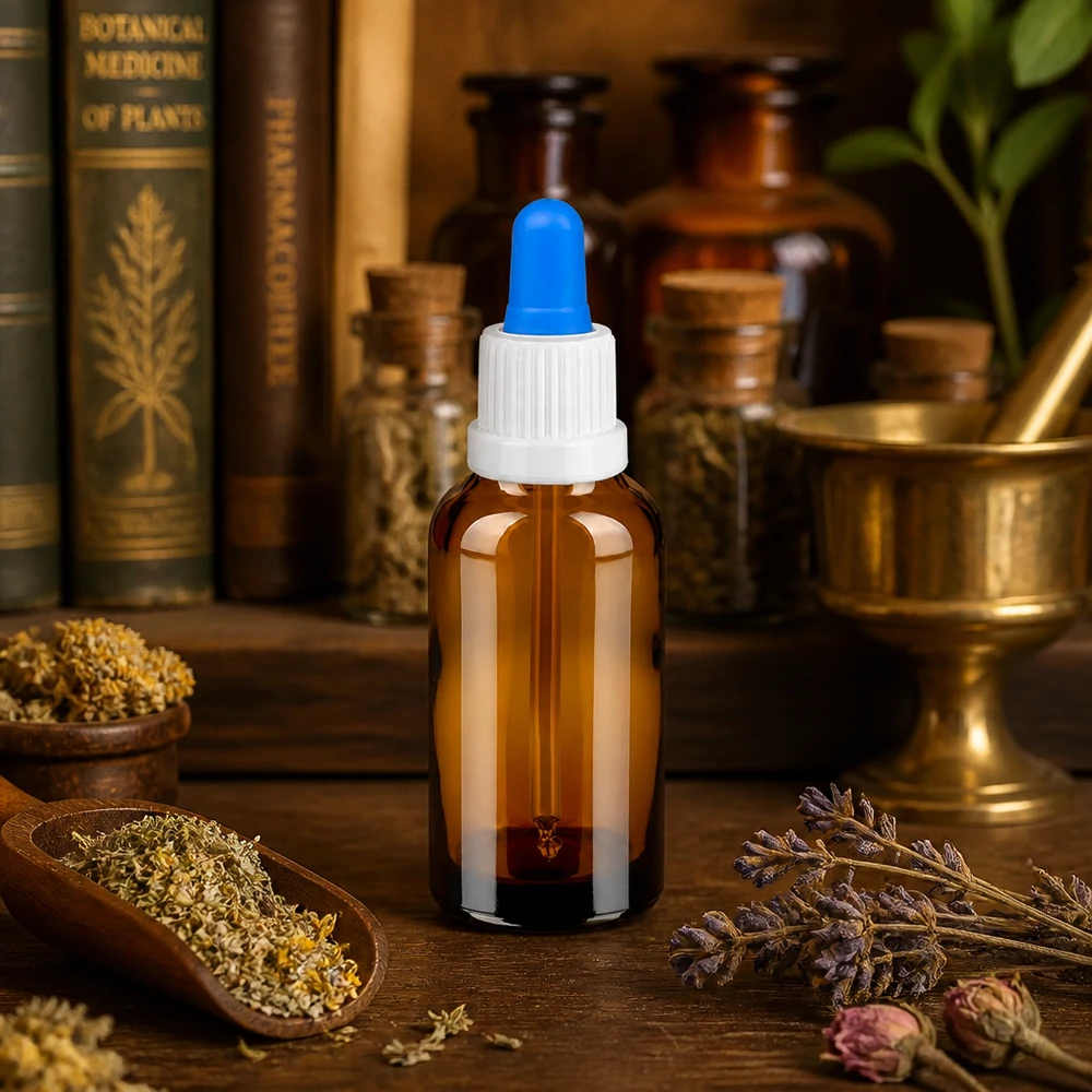 Butelka z pipetą 30 ml biała/niebieska OV BrownLine UT18/30 Butelka z pipetą 30 ml z bursztynowego szkła - ochrona przed promieniowaniem UV dla naturalnych ekstraktów i leków homeopatycznych