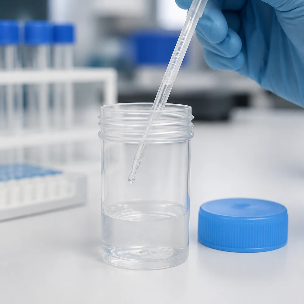 Uniwersalny plastikowy pojemnik (naczynie) 20 ml Laborant w niebieskiej rękawiczce pipetuje przezroczysty płyn do otwartego plastikowego pojemnika o pojemności 20 ml