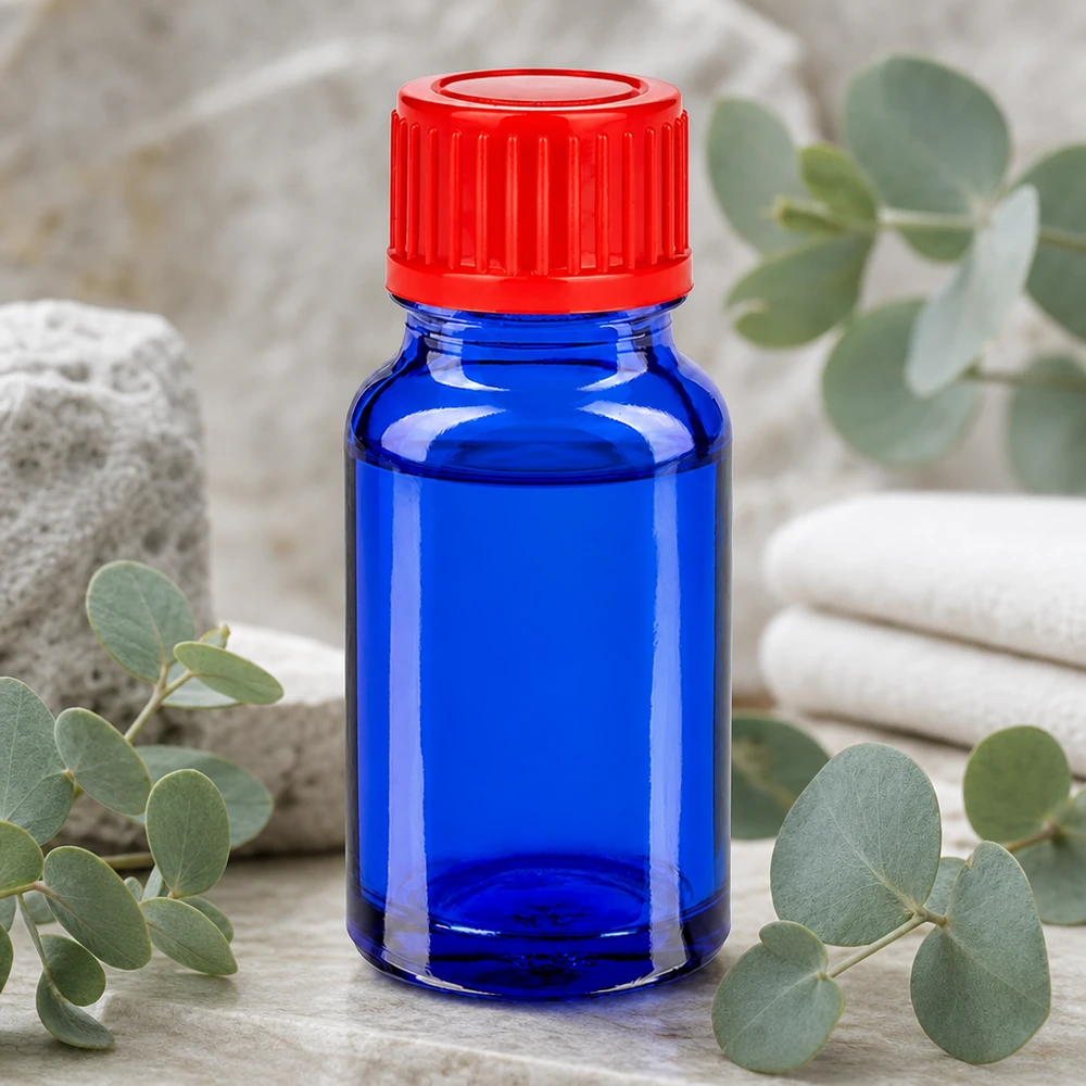 Butelka 10 ml 11 mm SV czerwony STD BlueLine UT18/10 Kompaktowa butelka laboratoryjna o pojemności 10 ml wykonana z niebieskiego szkła z ergonomiczną zakrętką do precyzyjnego dozowania