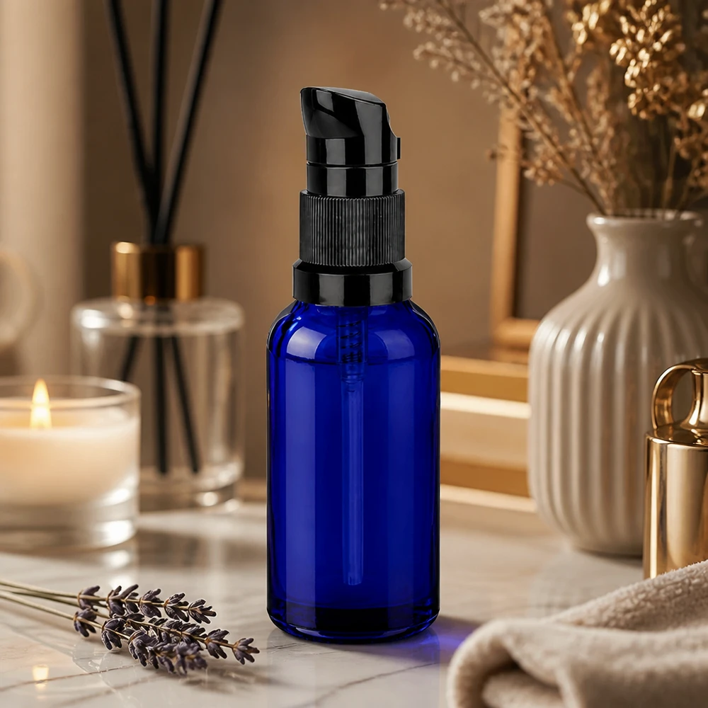 Butelka z pompką 30 ml czarna STD BlueLine UT18/30 Stylowa butelka z pompką o pojemności 30 ml i czarnym, matowym dozownikiem zapewnia luksusową pielęgnację skóry.