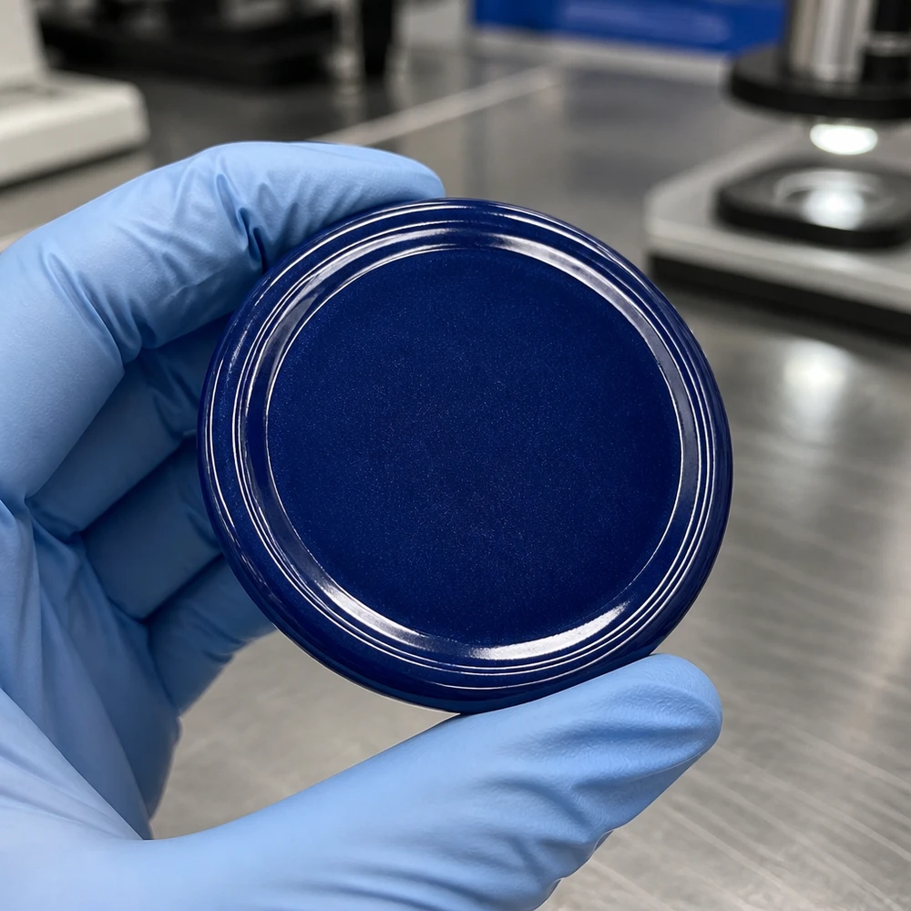 Zbliżenie na niebieską pokrywkę BasicSeal TO82 o średnicy 82 mm, z metaliczną powierzchnią o strukturze rowkowanej UNiTWIST