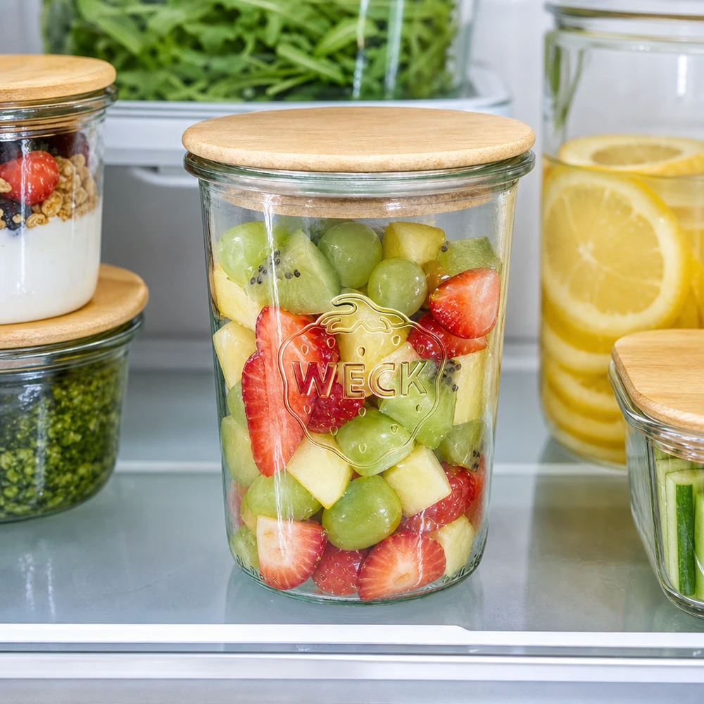 Kubki WECK RR100 o pojemności 850 ml z drewnianą pokrywką WECK Sturzglas 850ml RR100 Holzdeckel Kühlschrank Obstsalat Meal Prep frische Früchte Kiwi Erdbeeren Aufbewahrung