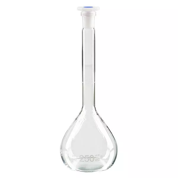 Kolba miarowa 250 ml ze standardowym szlifowanym złączem i korkiem PEHD Kolba miarowa 250 ml ze standardowym szlifowanym złączem i korkiem PEHD