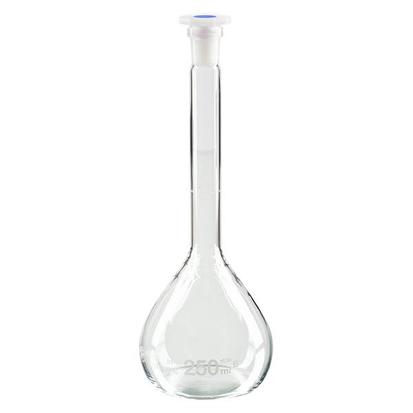 Kolba miarowa 250 ml ze standardowym szlifowanym złączem i korkiem PEHD Kolba miarowa 250 ml ze standardowym szlifowanym złączem i korkiem PEHD