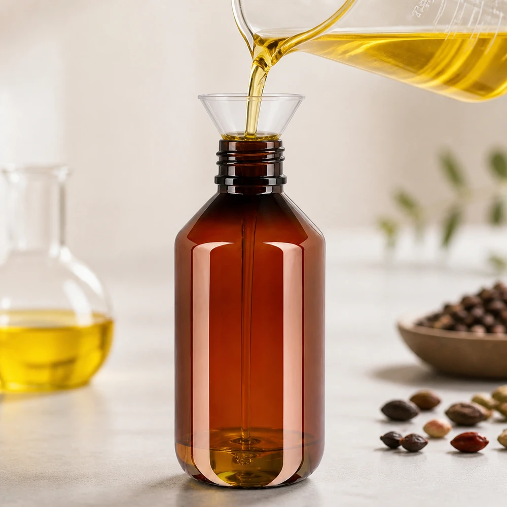 Schlanke braune PET Flasche 500ml mit Trichter beim Befüllen mit gelbem Pflanzenöl