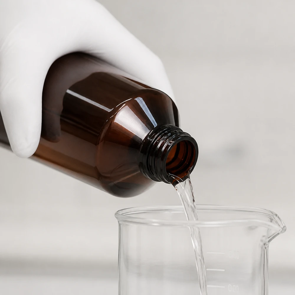 Butelka PET o pojemności 500 ml, przypominająca butelkę z brązowego szkła, z zamknięciem odgazowującym podczas nalewania do zlewki laboratoryjnej