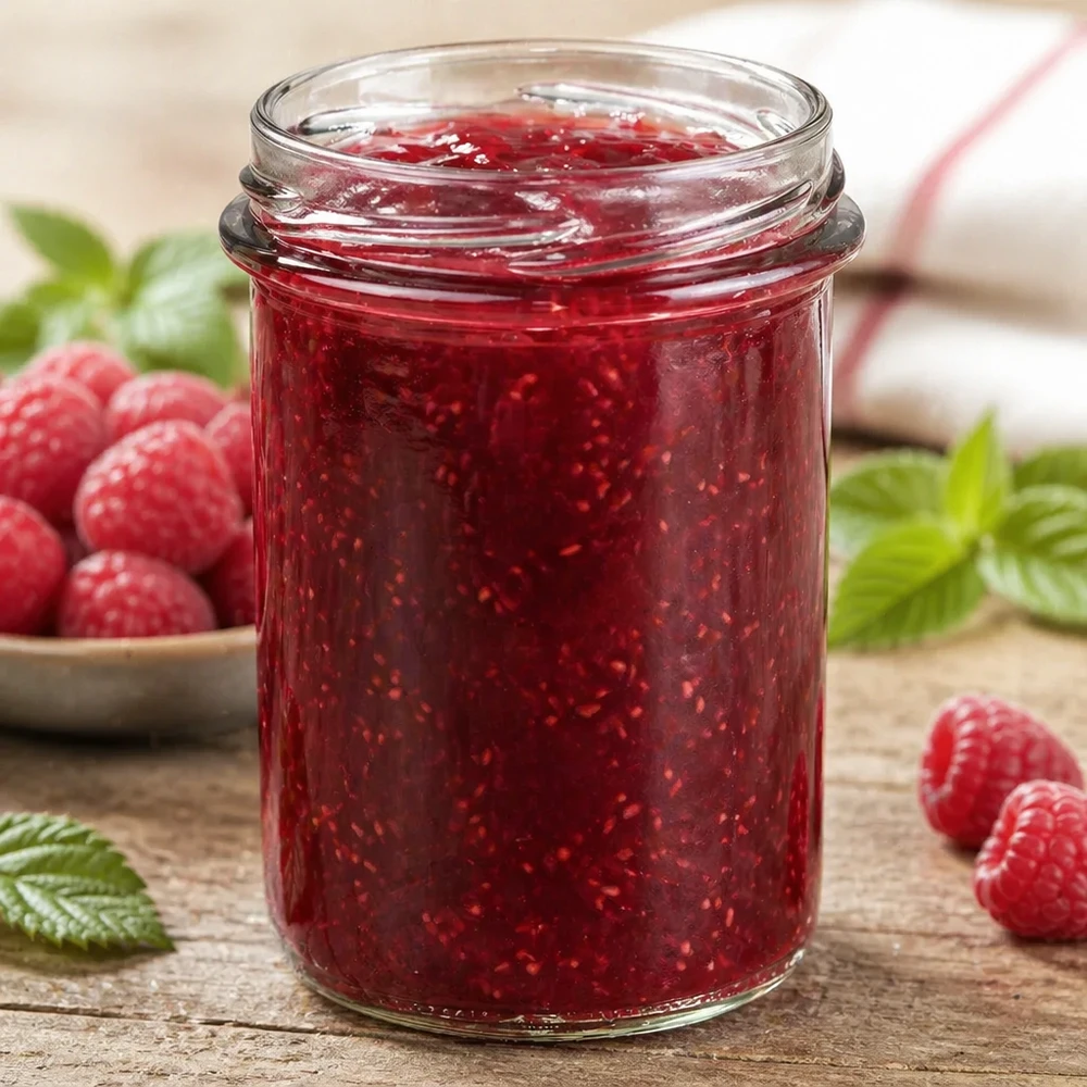 Kubki UNiTWIST 230ml TO66 wypełnione czerwoną konfiturą, otoczone świeżymi malinami i zielonymi liśćmi
