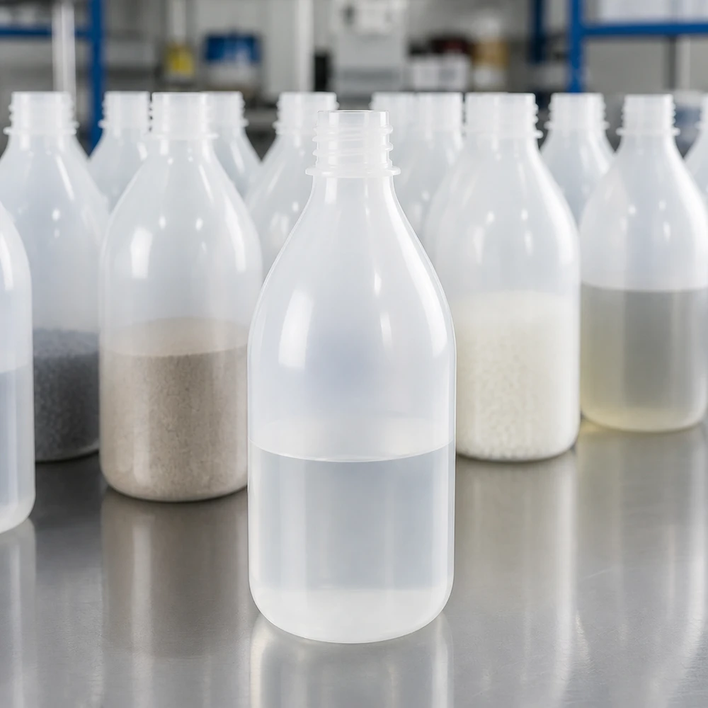 Zestaw przezroczystych butelek o wąskiej szyjce o pojemności 100 ml bez nakrętek, zawierających różne próbki proszku w laboratorium