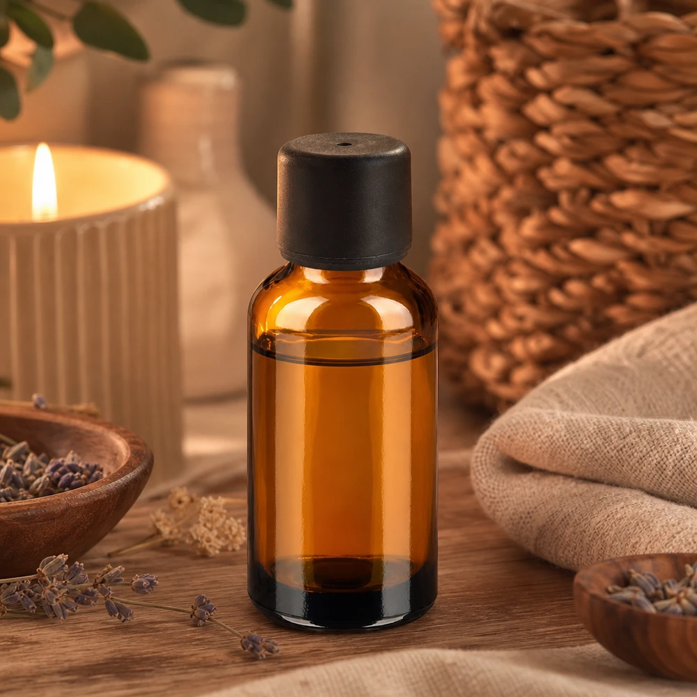 Kompaktowa szklana butelka 30 ml w odcieniach brązu z czarną zakrętką do kosmetyków i serum DIY