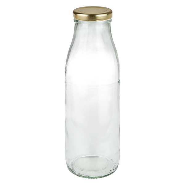 Szklana butelka 500 ml + pokrywka BasicSeal w kolorze z&#322;otym UNiTWIST. Ca&#322;kowicie szczelna z du&#380;&#261; pokrywk&#261; TO48. Do mleka, sok&#243;w i lemoniady.