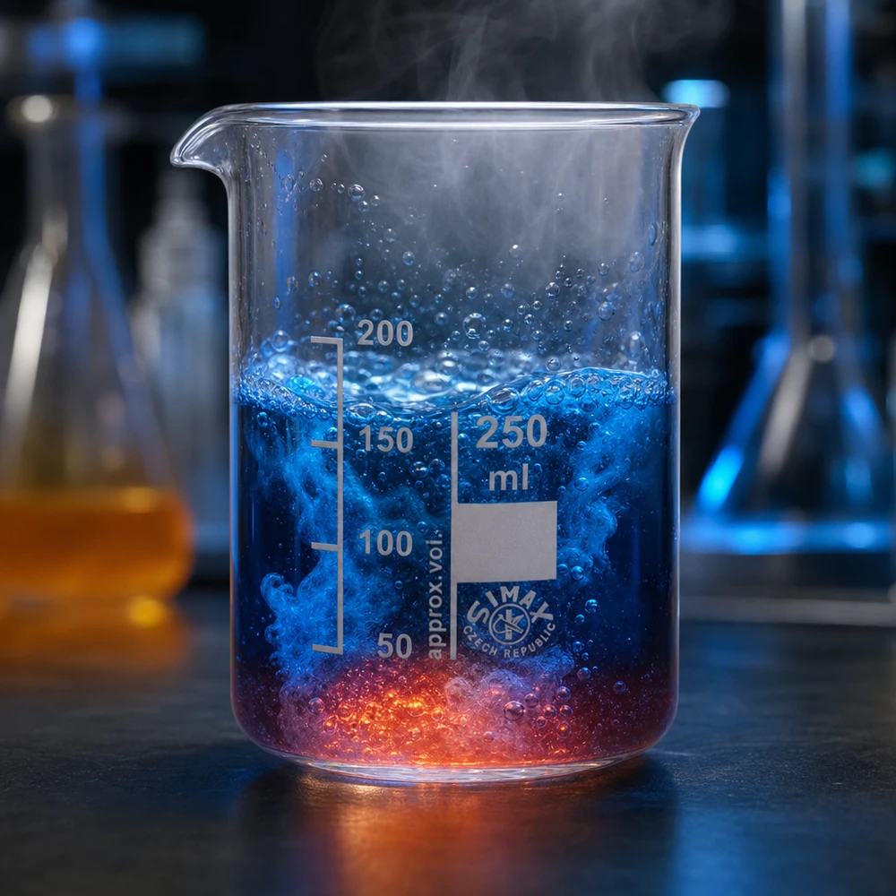 Zlewka 250 ml ze szkła borokrzemowego, niski kształt Żaroodporna zlewka ze szkła borokrzemowego o pojemności 250 ml do eksperymentów z kolorowymi roztworami reakcyjnymi