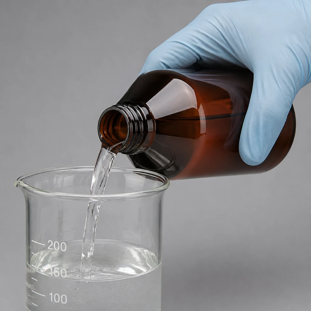 Laborant przelewa przezroczysty płyn z brązowej butelki PET o pojemności 750 ml (PP28) do zlewki