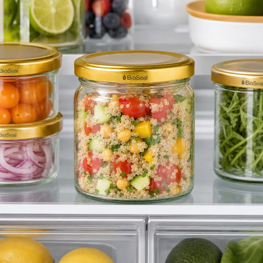 UNiTWIST Runda408 ze złotym kolorem. Osłona TO82 BioSeal UNiTWIST Runda408 Vorratsgläser mit goldenen TO82 BioSeal Deckeln im Kühlschrank - praktische Aufbewahrung von Salat