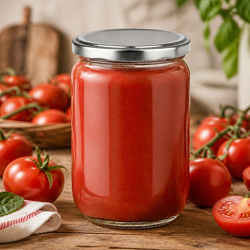 Okrągła szklana butelka UNiTWIST o pojemności 555 ml, wypełniona czerwonym sosem pomidorowym, z srebrną pokrywką BasicSeal