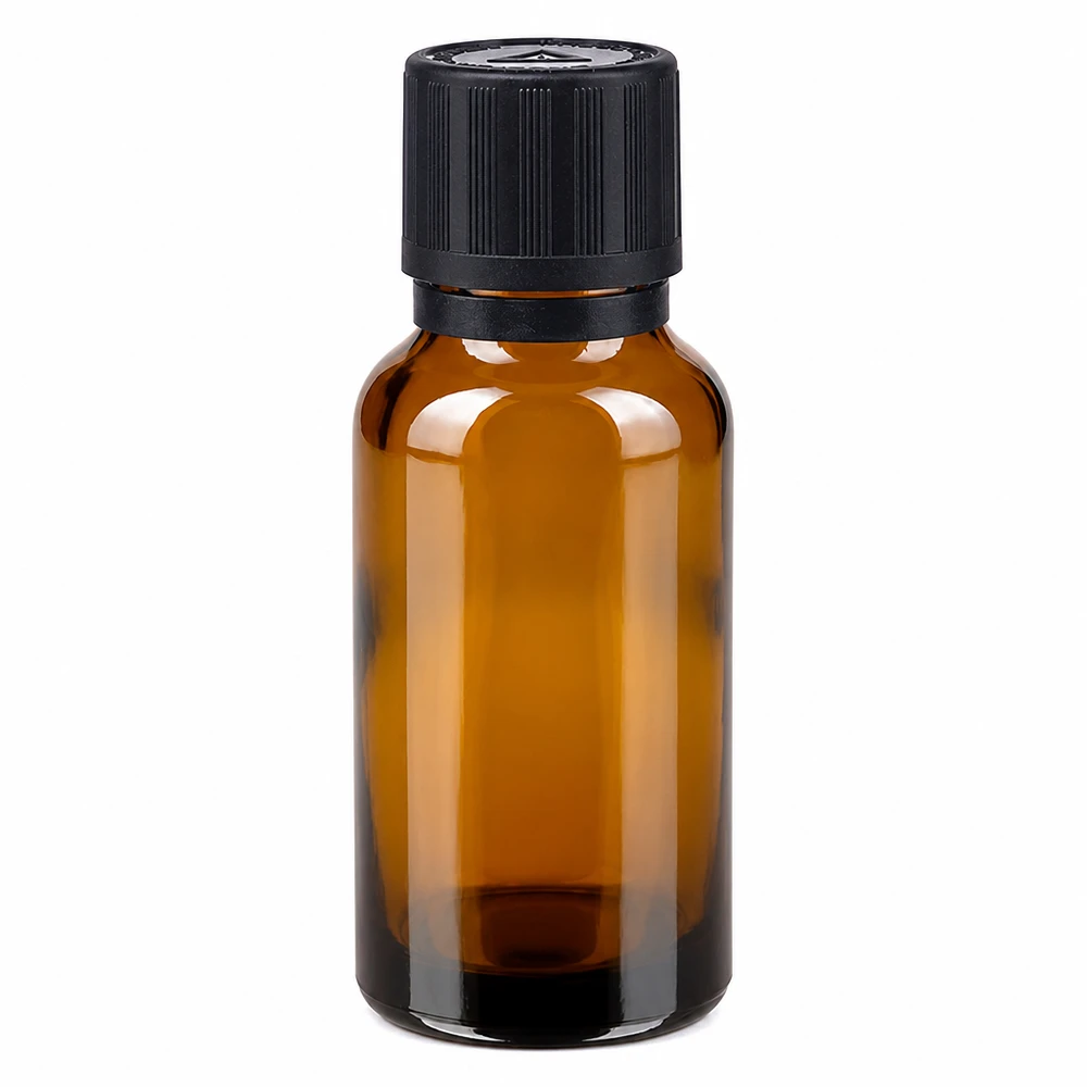 Butelka z kroplomierzem o pojemności 20 ml, wykonana z brązowego szkła, z oryginalną czarną nakrętką i zabezpieczeniem przed dziećmi, przeznaczona do użytku aptecznego
