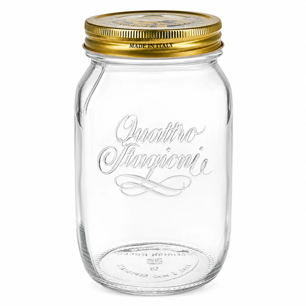 Słoik okrągły 1000 ml „Quattro Stagioni” z pokrywką 1000 ml okrągły słoik Quattro Stagioni ze złotą zakrętką Made in Italy pusty słoik na przetwory
