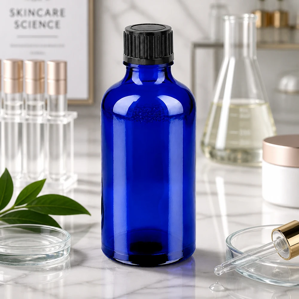 50 ml szklana butelka BlueLine z ochroną UV i ergonomiczną konstrukcją do zastosowań laboratoryjnych