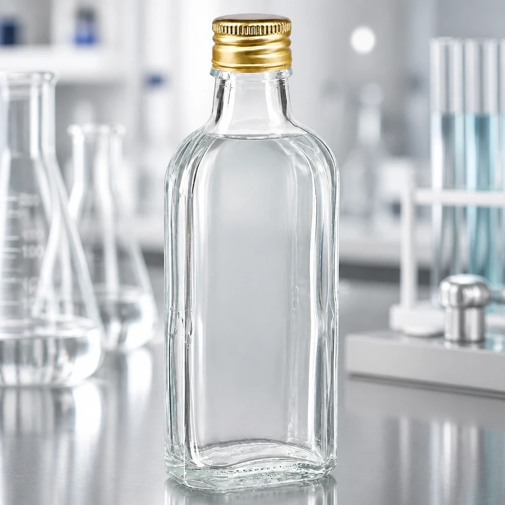 Przezroczysta szklana butelka Meplat o pojemności 100 ml ze złotym aluminiowym zakrętkiem PP22 na stole laboratoryjnym