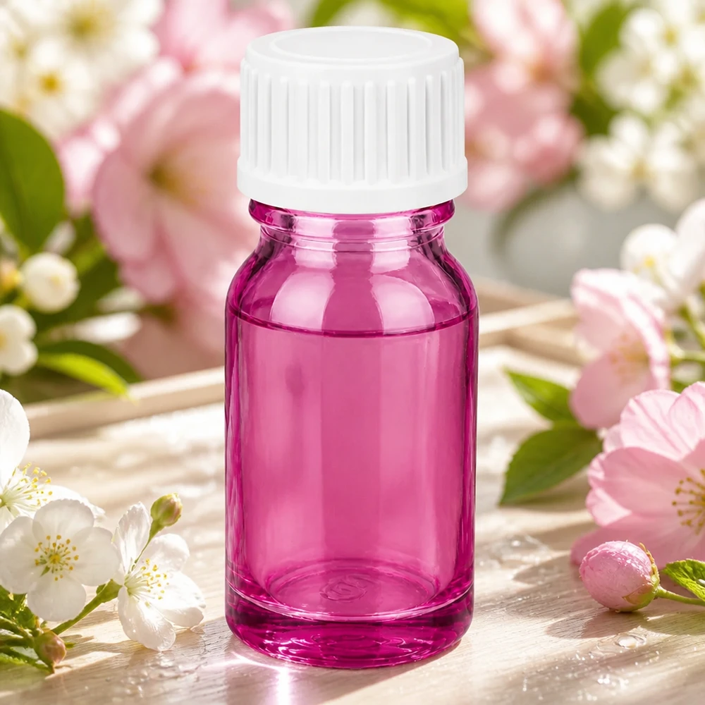 Butelka o pojemności 10 ml. Pierścień do nalewania 3 mm, biały, standardowy PurpleLine. UT18/10 Szklana butelka 10 ml w kolorze przezroczystego fioletu z matową zakrętką do kosmetyków DIY