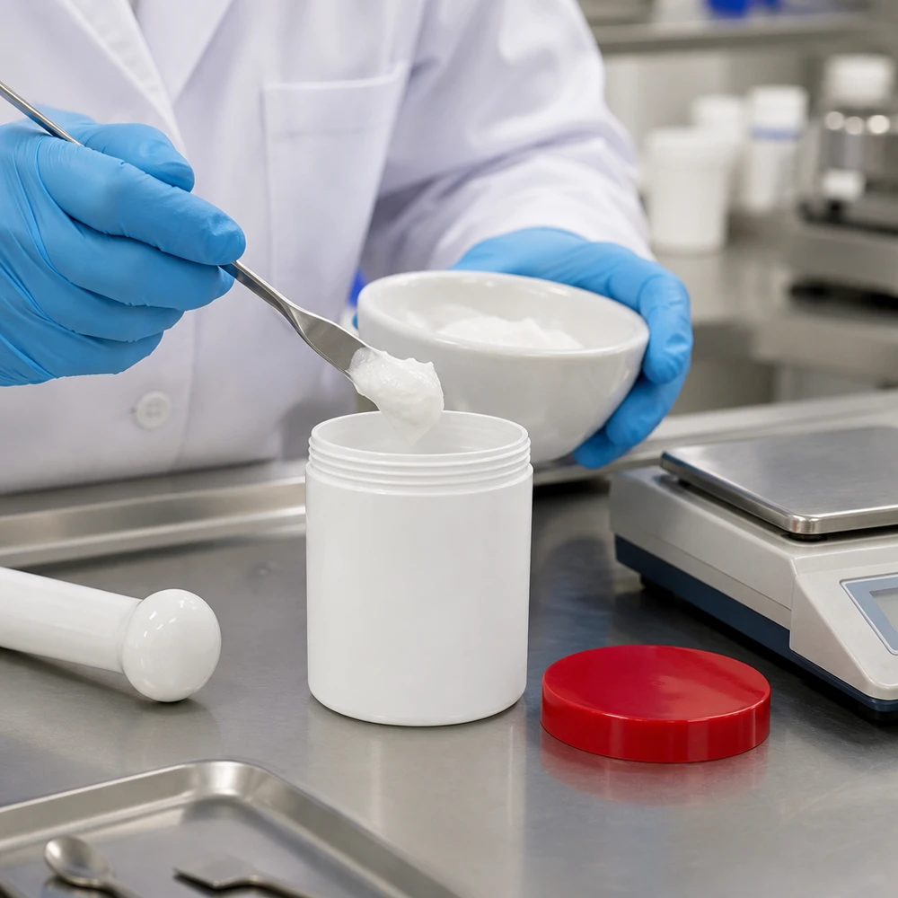 Słoik na maść 50g biały z czerwoną zakrętką (PP) Pakowanie farmaceutyczne maści do białego plastikowego słoika o pojemności 50 g z czerwoną zakrętką