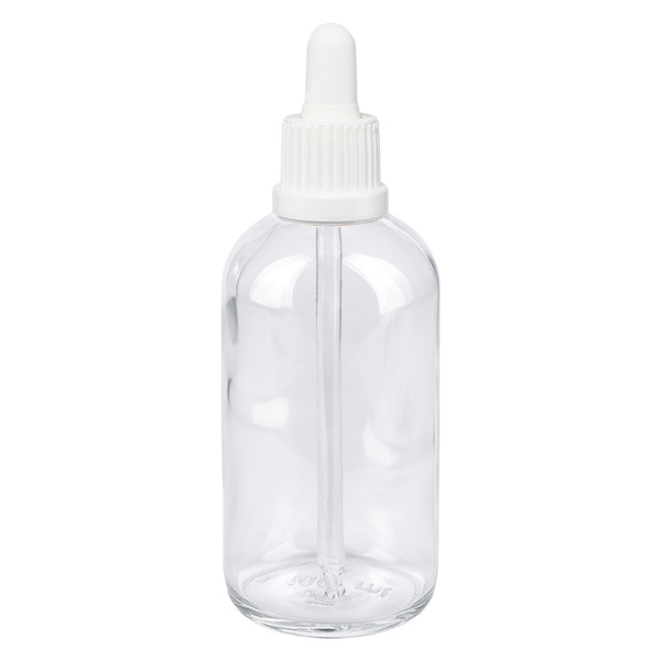 100 ml butelka z pipetą biała OV ClearLine UT18/100 Butelka z pipetą ClearLine o pojemności 100 ml, wykonana z przezroczystego szkła, z białą nasadką z kroplomierzem