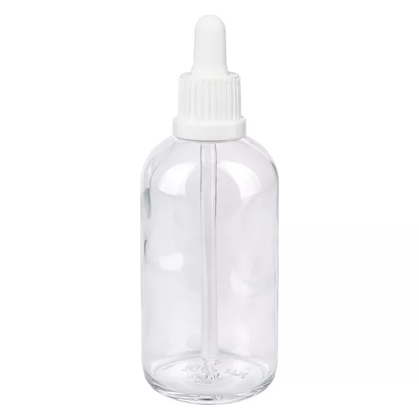 100 ml butelka z pipetą biała OV ClearLine UT18/100 Butelka z pipetą ClearLine o pojemności 100 ml, wykonana z przezroczystego szkła, z białą nasadką z kroplomierzem