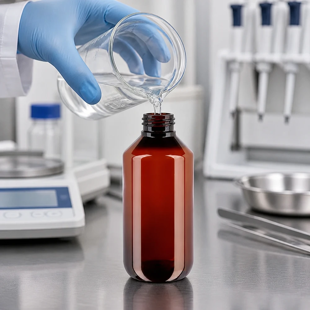 Laborant napełnia przezroczystą cieczą bursztynową butelkę PET o pojemności 200 ml, mając na ręce niebieską rękawiczkę