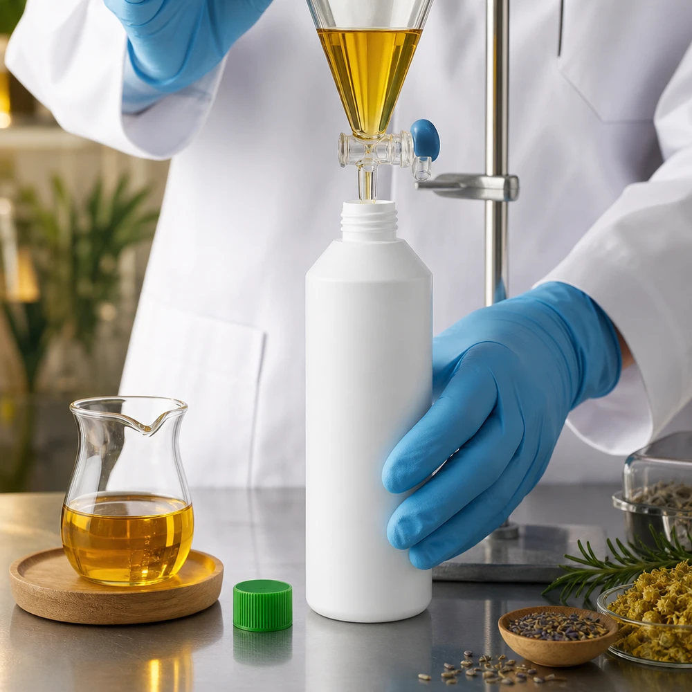 Laborant napełnia białą butelkę aptekarską z HDPE o pojemności 250 ml żółtym olejem za pomocą szklanego lejka z kranikiem