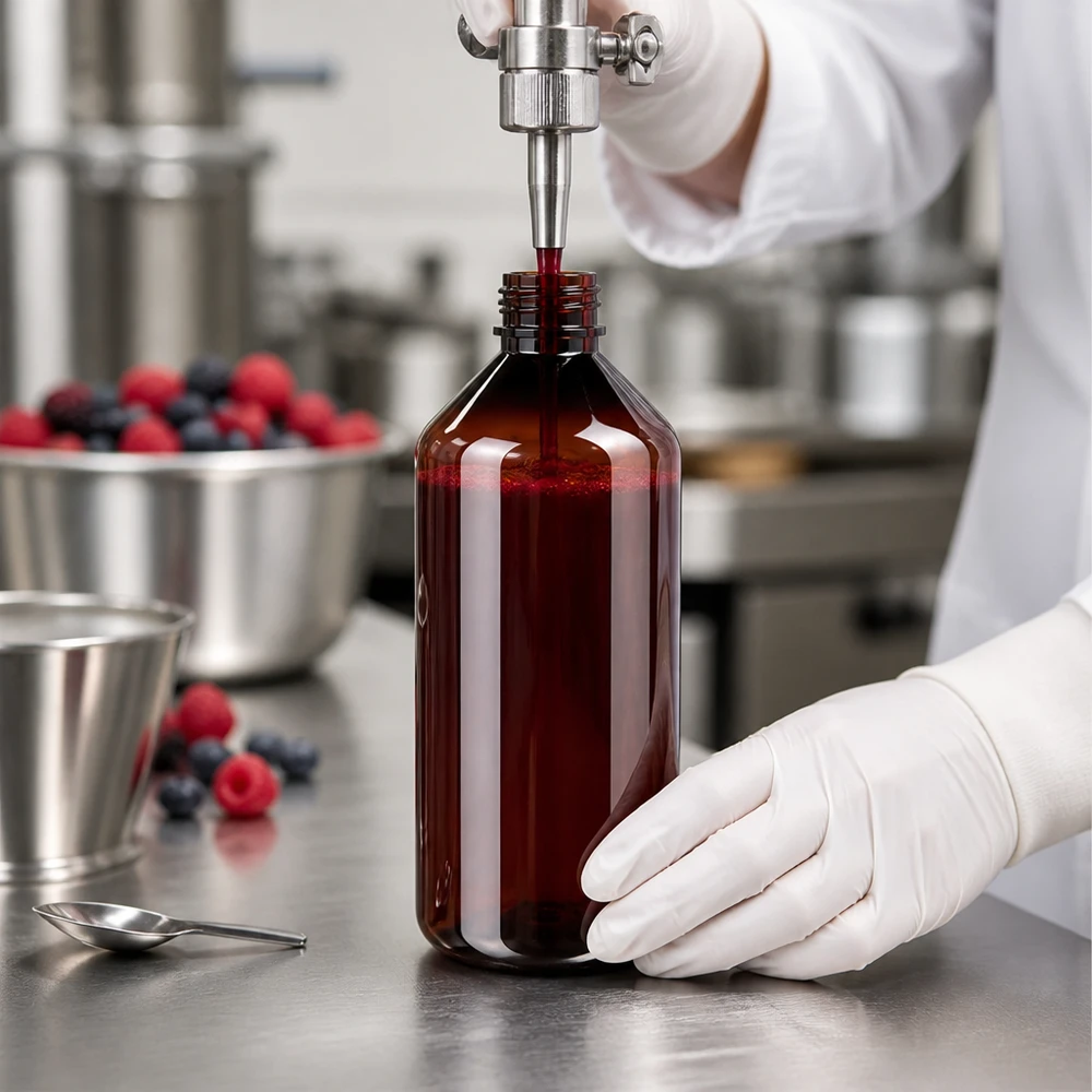 1000ml PET Flasche mit braunem Originalverschluss beim Abfüllen von dunkelrotem Fruchtkonzentrat