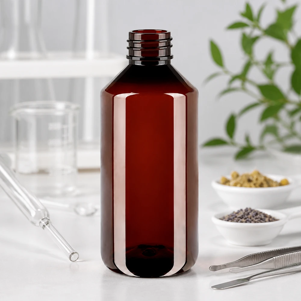 Przezroczysta brązowa butelka PET o pojemności 1000 ml bez zakrętki – zbliżenie