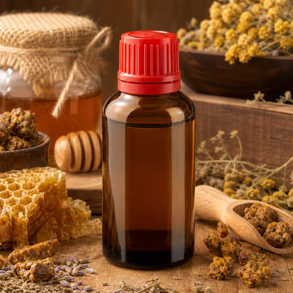 Kompaktowa butelka z bursztynowego szkła o pojemności 30 ml z czerwoną zakrętką OV, idealna do leków homeopatycznych i ekstraktów.