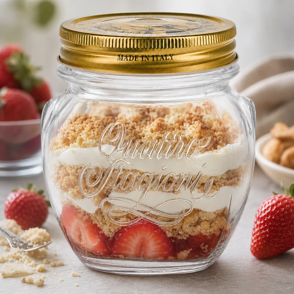 Okrągła szklanka Quattro Stagioni 300 ml ze złotą pokrywką wypełniona warstwowym deserem z truskawkami i posypką Made in Italy