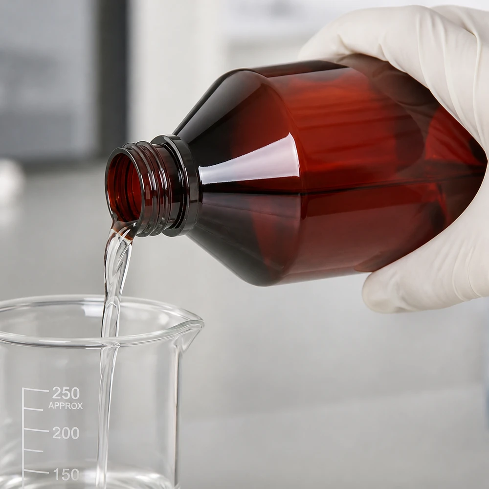 Butelka PET 750 ml z brązową nakrętką Standard Przezroczysty płyn przelewa się z brązowej butelki PET o pojemności 750 ml do zlewki – zastosowanie laboratoryjne