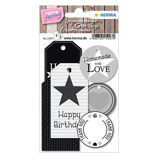 Zawieszka do prezentu &quot;Black &amp; White&quot; (6 sztuk) | Papierowa zawieszka z bia&#322;&#261; nitk&#261;.