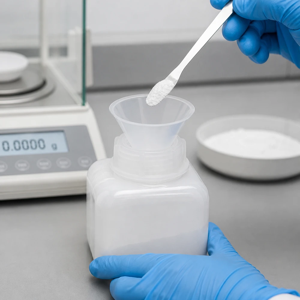 Butelka na chemikalia 250 ml, z szeroką szyjką, z PE-HD, w kolorze naturalnym Płaska butelka z szeroką szyjką o pojemności 250 ml, wykonana z polietylenu HD w kolorze naturalnym, z lejkiem do napełniania białym proszkiem w laboratorium