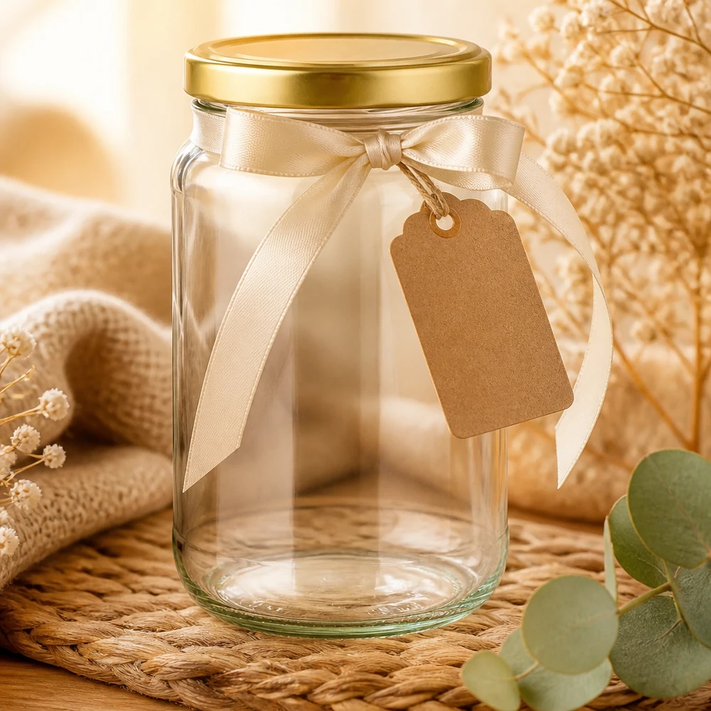 Słoik okrągły z pokrywką BasicSeal, 1700 ml, złoty UNiTWIST 1700ml Rundglas mit goldenem BasicSeal Deckel dekorativ arrangiert mit Schleife und Anhänger als Geschenkidee