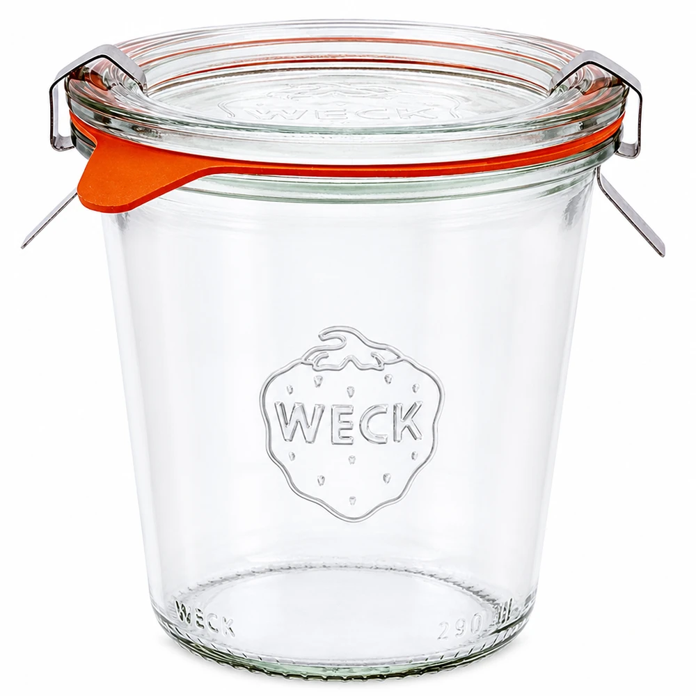 WECK kubek 290ml wysoki RR80 ze szklaną pokrywką, gumowym pierścieniem i zaciskami do gotowania i konserwowania