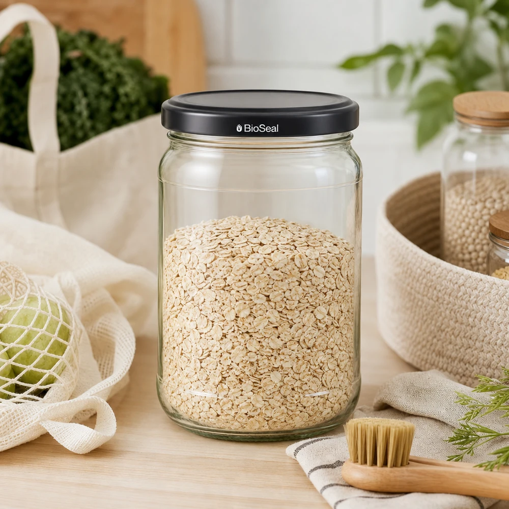 UNiTWIST Runda305 z czarną pokrywką TO63 BioSeal UNiTWIST Runda305 Vorratsglas mit Haferflocken gefüllt zeigt praktische Küchenorganisation mit schwarzem BioSeal Deckel