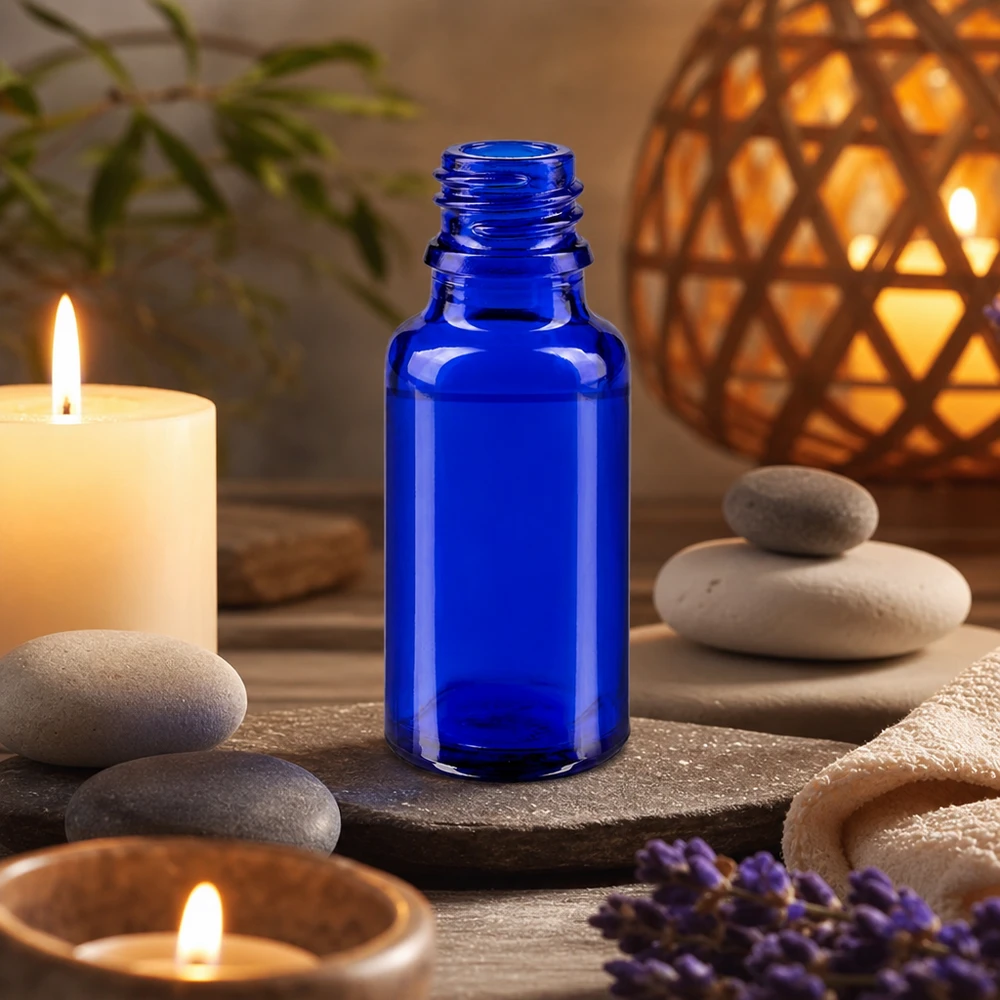 Butelka farmaceutyczna 20 ml w eleganckim niebieskim kolorze ApoGlas dla dobrego samopoczucia i relaksu