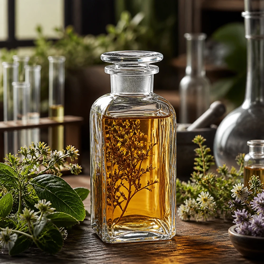 Kwadratowa butelka 350 ml, przezroczysta, szklana zatyczka z szeroką szyjką Przezroczysta szklana butelka kwadratowa o pojemności 350 ml z szeroką szyjką i szklanym korkiem, przeznaczona do olejków eterycznych i wyciągi z ziół