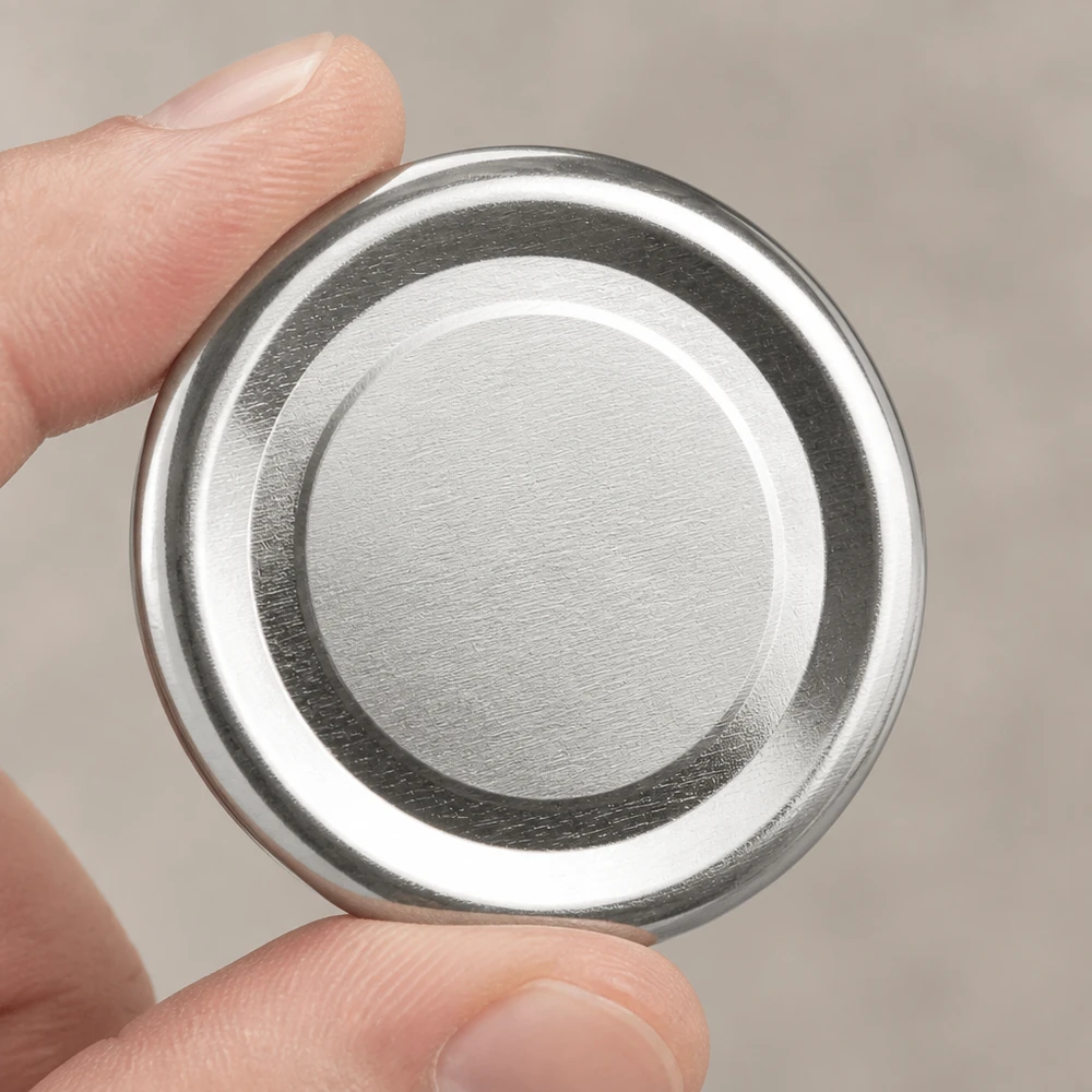 Pokrywka BasicSeal 48 mm, srebrna (TO48) UNiTWIST Zbliżenie na metalową pokrywkę TO48 48 mm w kolorze błyszczącego srebra, BasicSeal UNiTWIST – spód