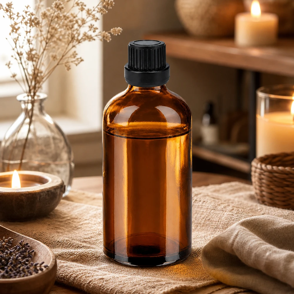 100 ml butelka z zakraplaczem 2 mm czarna OV BrownLine UT18/100 Chroniąca przed światłem szklana butelka 100 ml z czarnym zakraplaczem do bezpiecznego przechowywania olejków.