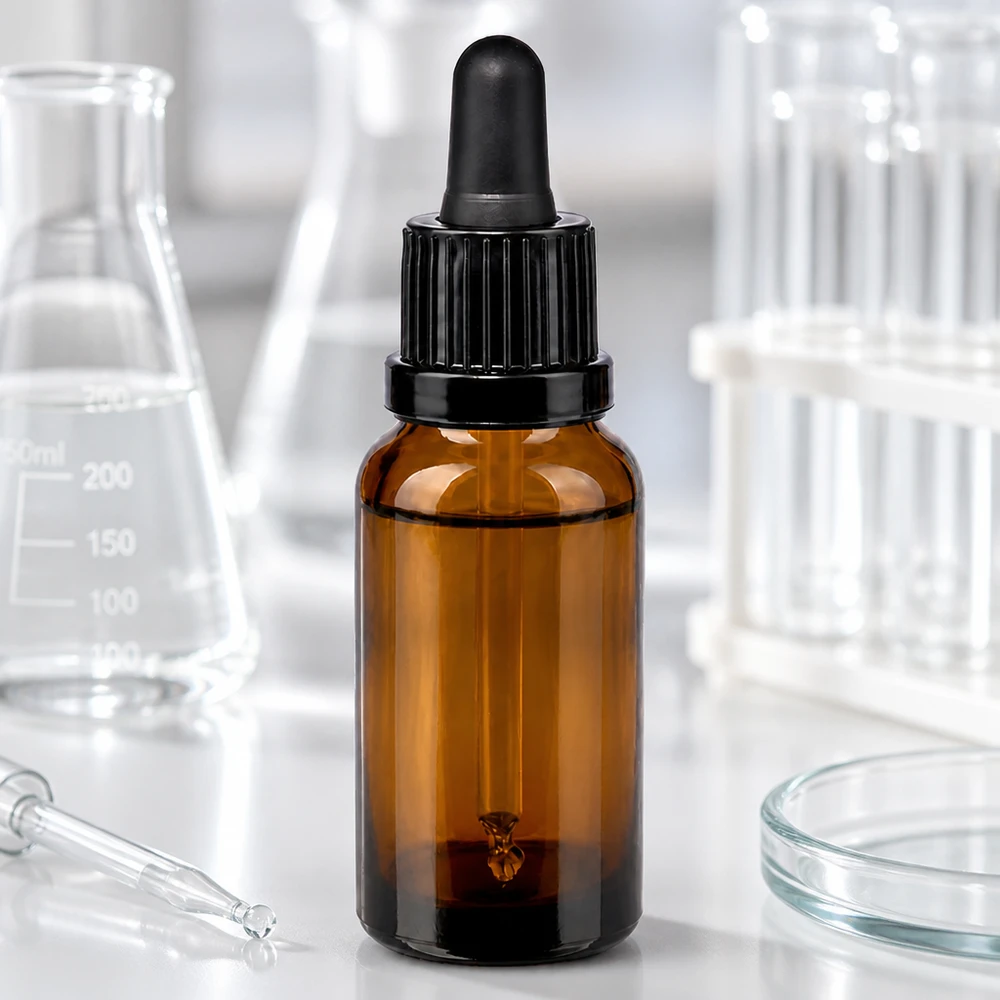 Butelka do leków płynnych 20 ml, czarna OV BrownLine UT18/20 Butelka z pipetą BrownLine o pojemności 20 ml z precyzyjnym zakraplaczem do zastosowań laboratoryjnych i naukowych