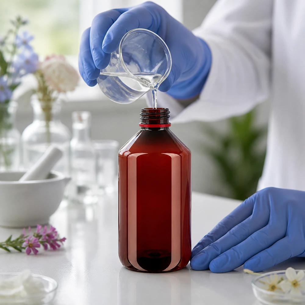 Butelka PET 500 ml z białą/czerwoną nakrętką OV Farmaceuta napełnia brązową butelkę PET o pojemności 500 ml przezroczystym płynem i zakręca ją czerwonym zamknięciem zabezpieczającym