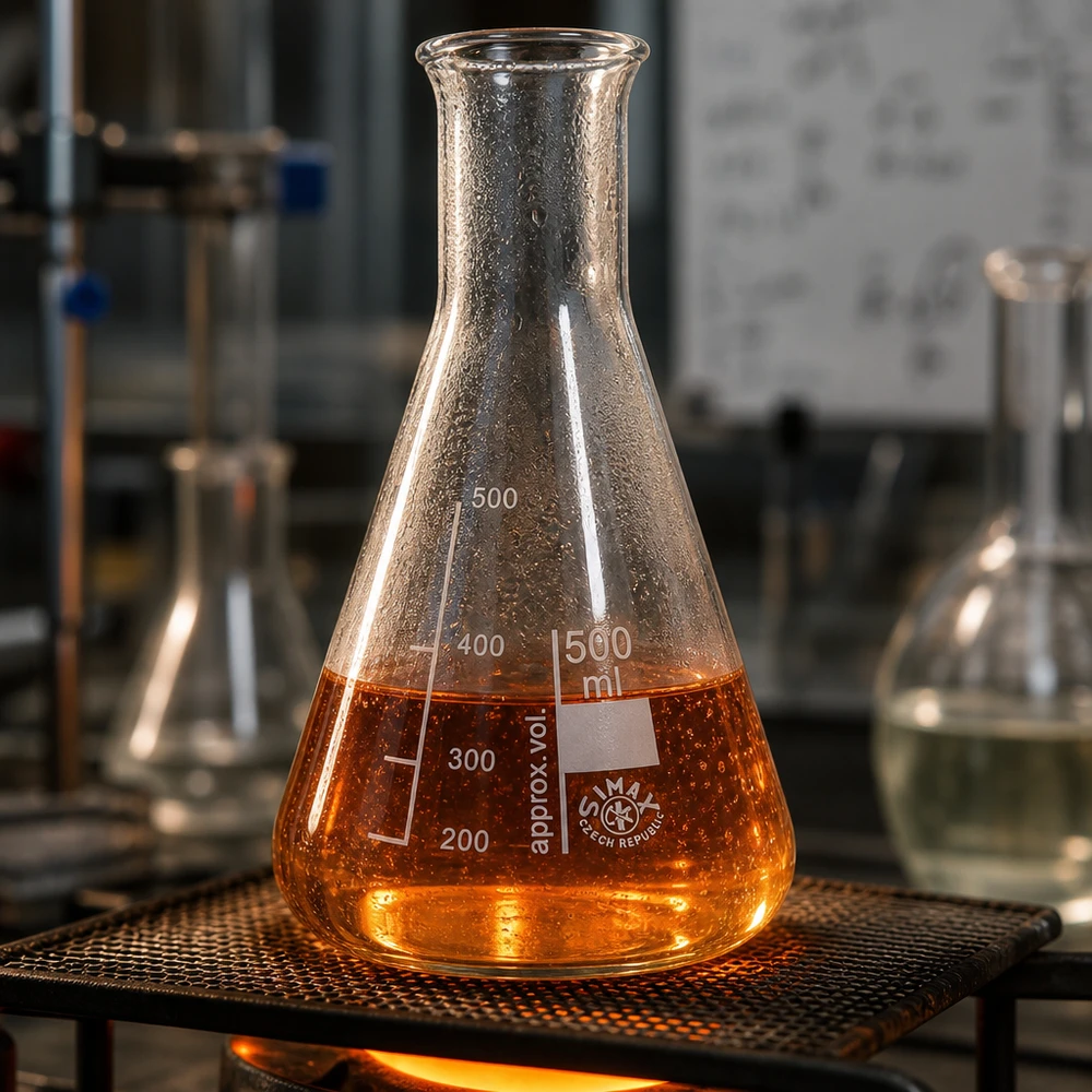 500 ml kolba Erlenmeyera z wąską szyjką i podziałką na laboratoryjnej płycie grzejnej z pomarańczowym płynem